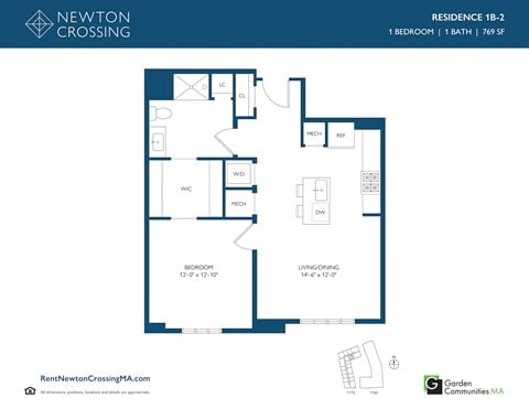 Floor plan for 1 bed, 1 bath, 769 sqft